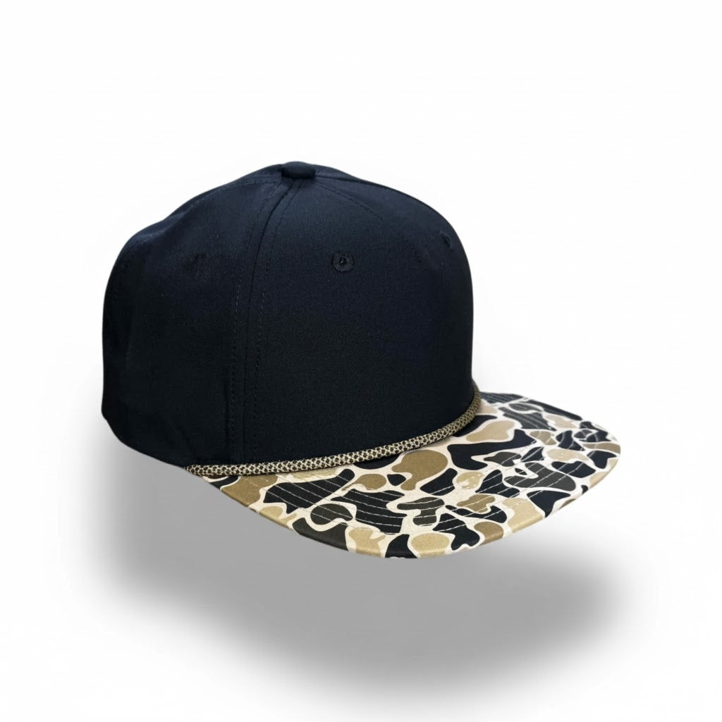 Blank Rope Hats - Black cap with a camouflage-patterned brim on a white background
