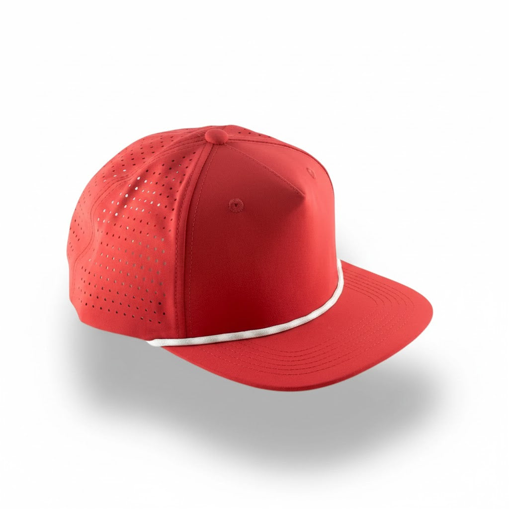 Blank Rope Hats - Red baseball cap with a white stripe on a white background