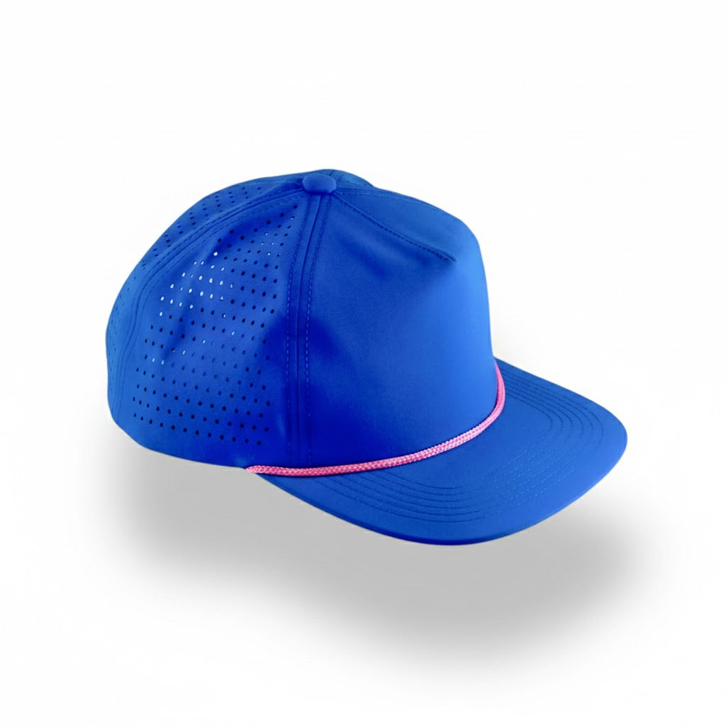 Blue cap with pink trim on a white background
