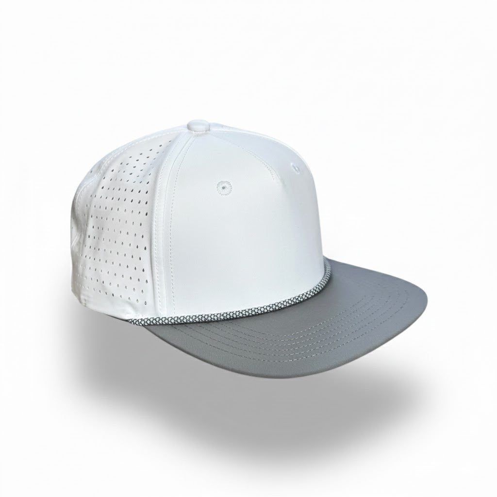 Blank Rope Hats - White and gray cap with mesh design on a white background