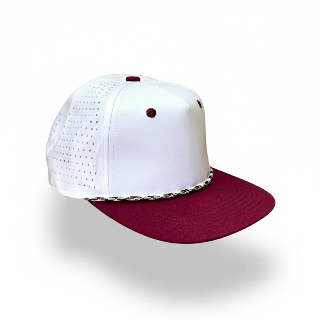 Blank Rope Hats - White and maroon baseball cap with mesh back on a white background