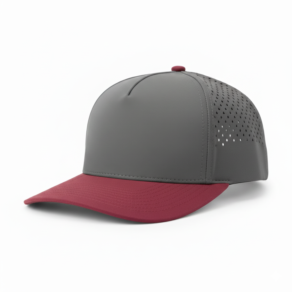 Durabull Gray top and maroon visor baseball cap on a white background