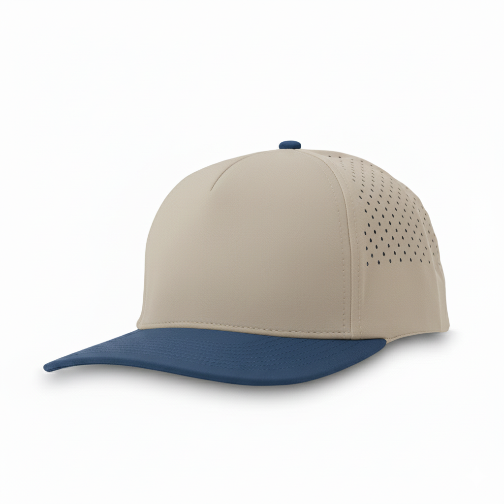 Durabull Beige top and navy visor baseball cap with perforated design on a white background