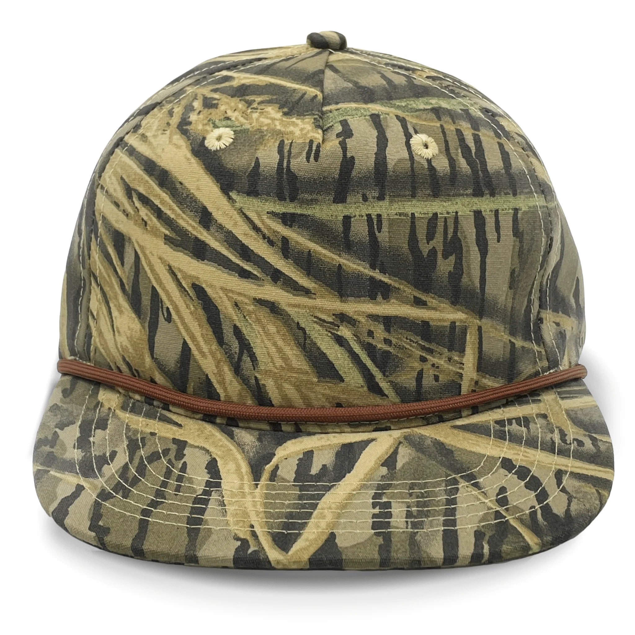 Lost Hat Co. Goat Rope Style Hat -Shadowgrass Camouflage-patterned cap with brown band on a white background