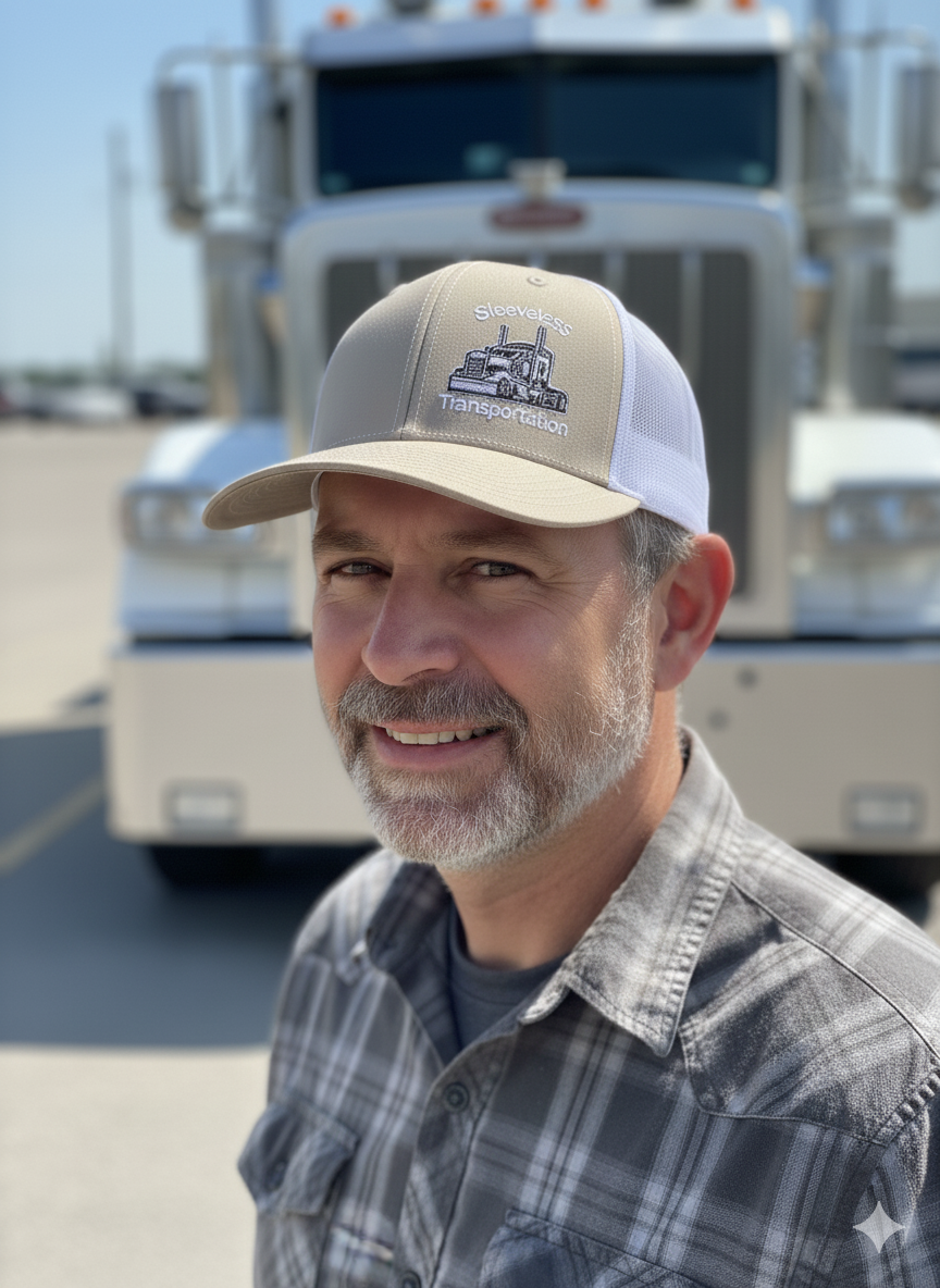 Man wearing an embroidered cap with a truck in the background