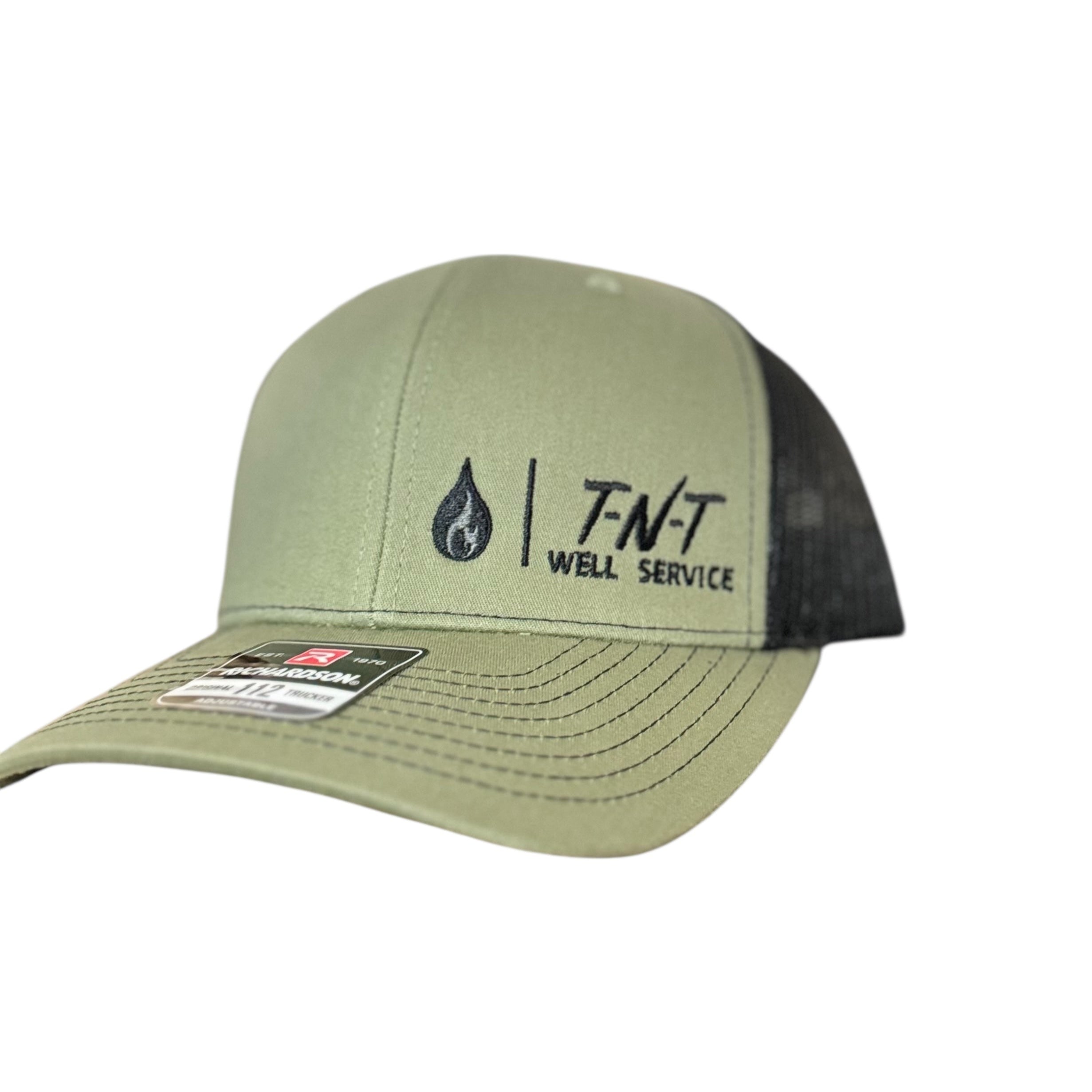 Sage Green Hat with black mesh and embroidered logo in top right corner