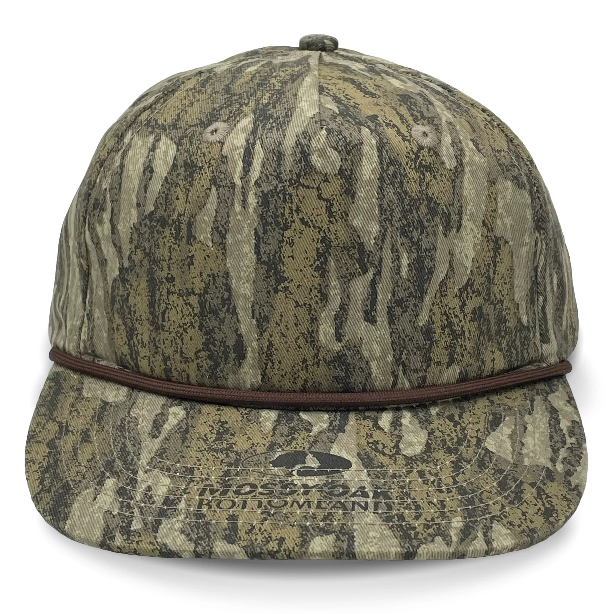Lost Hat Co. Goat Rope Style Hat - Mossy Oak New Bottomland Camouflage patterned cap with brown band on a white background