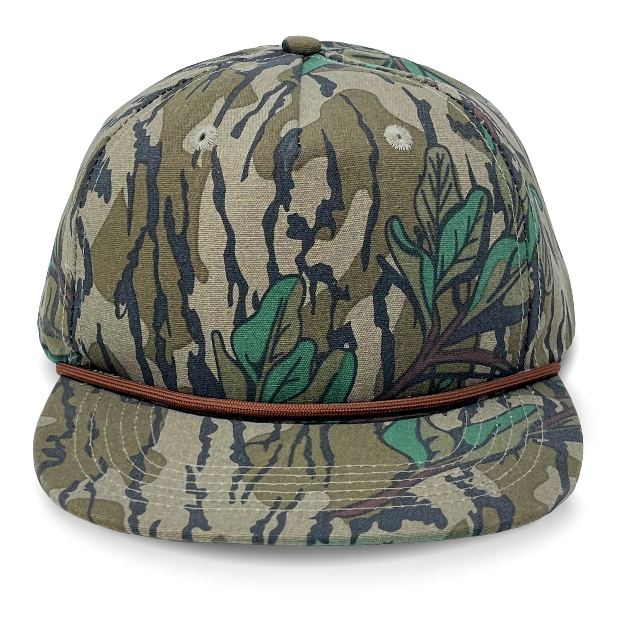 Camouflage-patterned cap with a brown band on a white background