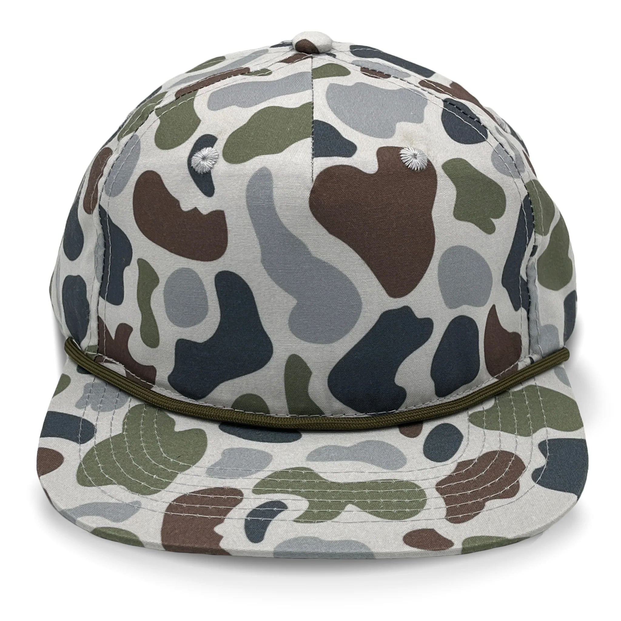 Lost Hat Co. Goat Rope Style Hat - Brown Green and Blue Camouflage-pattern on a white baseball cap on a white background