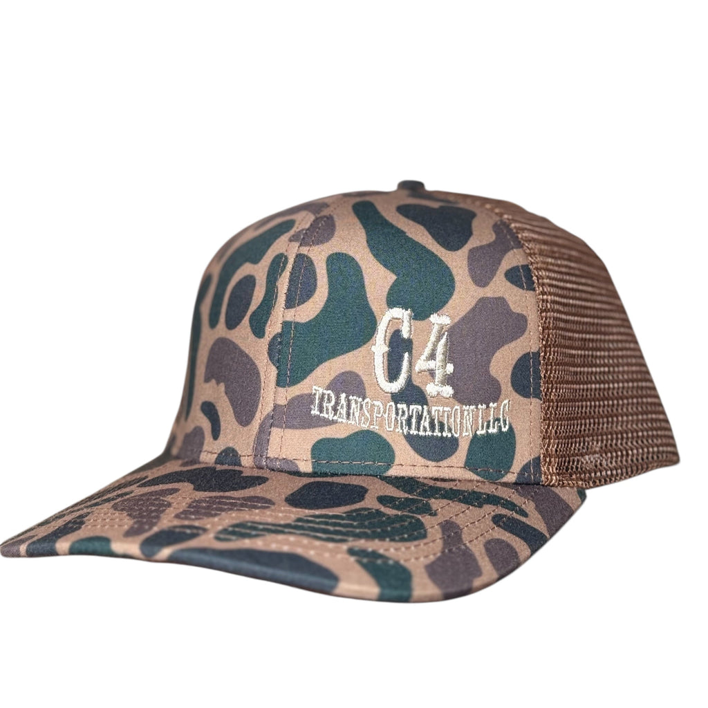 Camouflage trucker hat with brown mesh back on a white background
