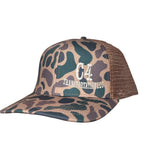 Camouflage trucker hat with brown mesh back on a white background